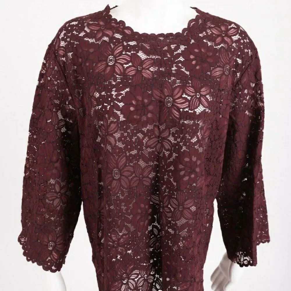 Zara Womens Lace Blouse Shirt Top XS Floral Burgun
